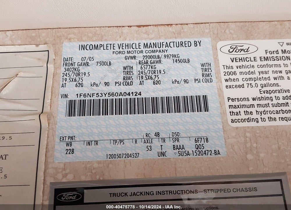2006 FORD F550 SUPER DUTY STRIPPED CHASS VIN: 1F6NF53Y560A04124