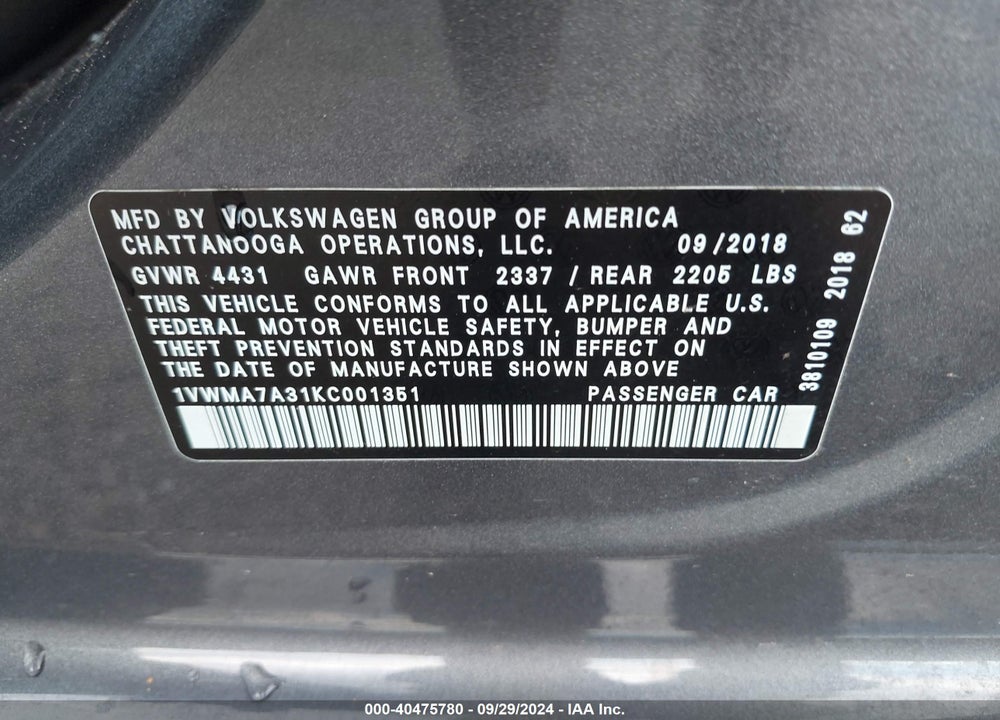 2019 VOLKSWAGEN PASSAT 2.0T SE R-LINE VIN: 1VWMA7A31KC001351