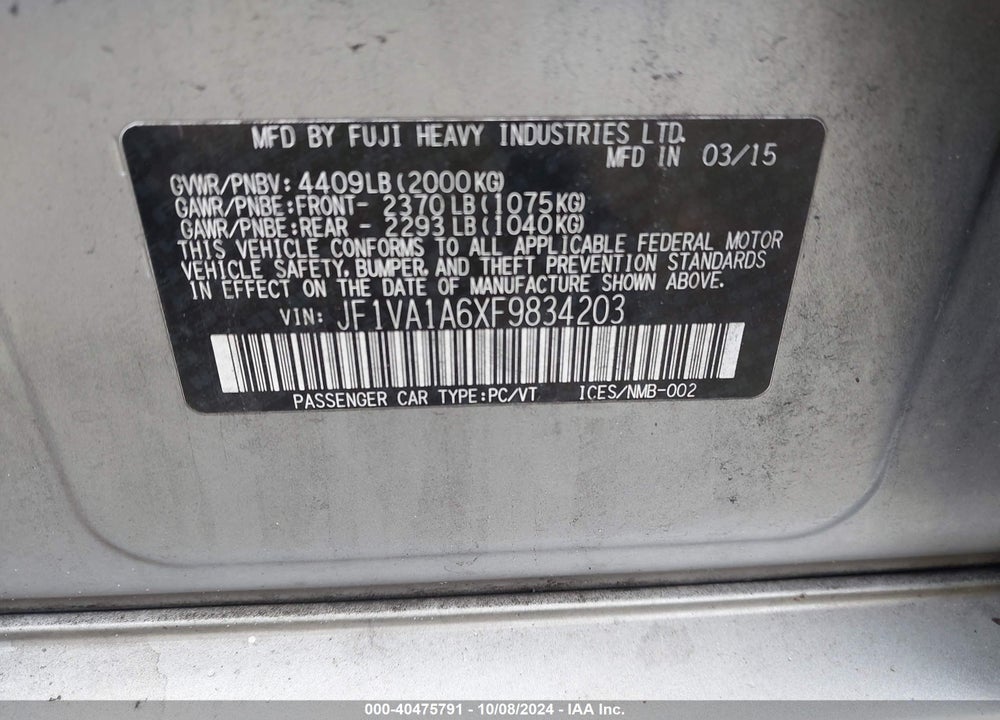 2015 SUBARU WRX VIN: JF1VA1A6XF9834203