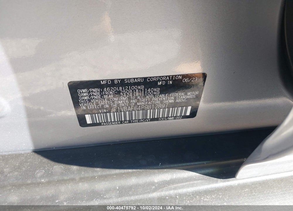 2023 SUBARU WRX PREMIUM VIN: JF1VBAF64P9812897