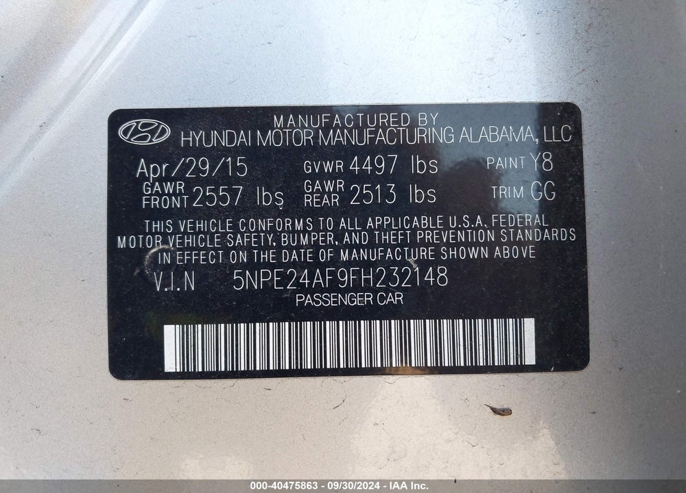 2015 HYUNDAI SONATA SE VIN: 5NPE24AF9FH232148