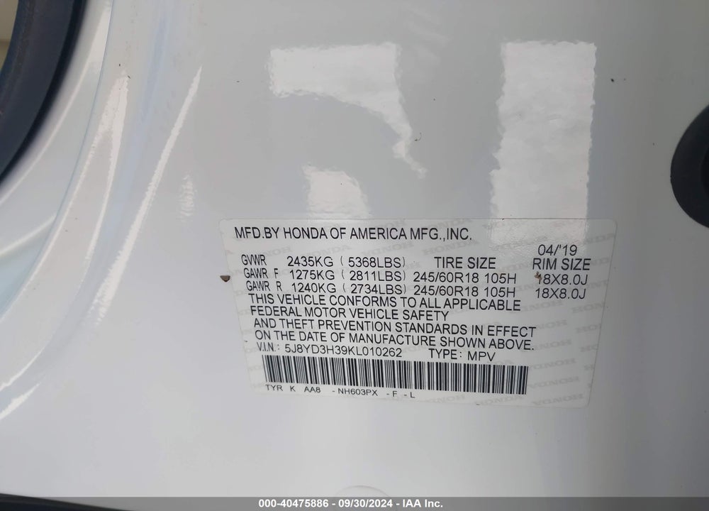 2019 ACURA MDX STANDARD VIN: 5J8YD3H39KL010262