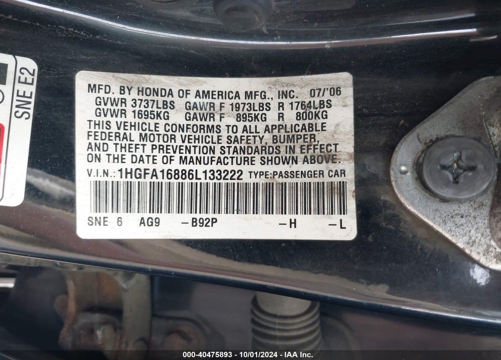 2006 HONDA CIVIC EX VIN: 1HGFA16886L133222