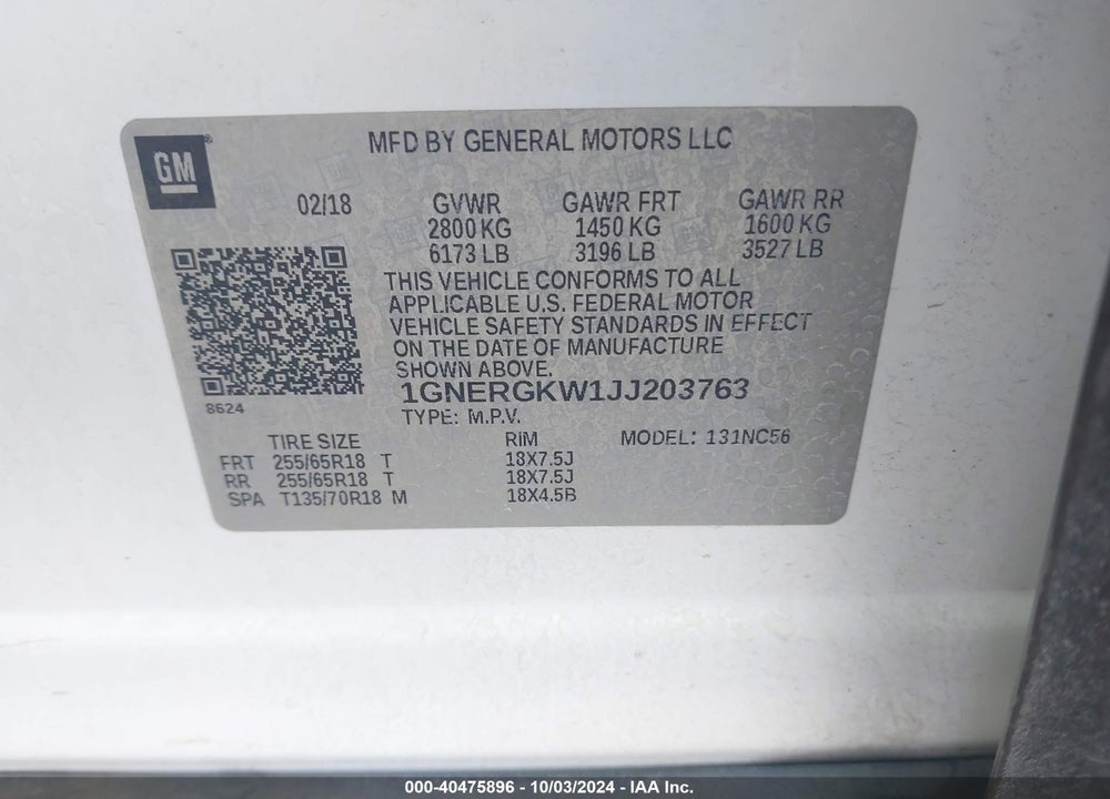2018 CHEVROLET TRAVERSE 1LT VIN: 1GNERGKW1JJ203763