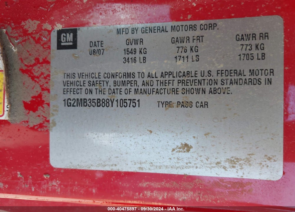 2008 PONTIAC SOLSTICE VIN: 1G2MB35B88Y105751