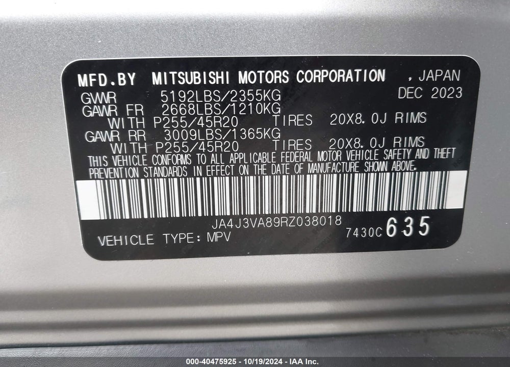 2024 MITSUBISHI OUTLANDER SE 2.5 2WD VIN: JA4J3VA89RZ038018