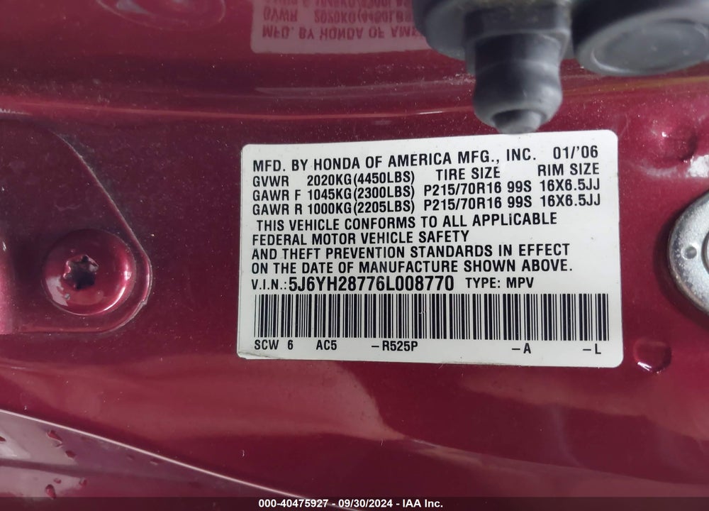 2006 HONDA ELEMENT EX-P VIN: 5J6YH28776L008770
