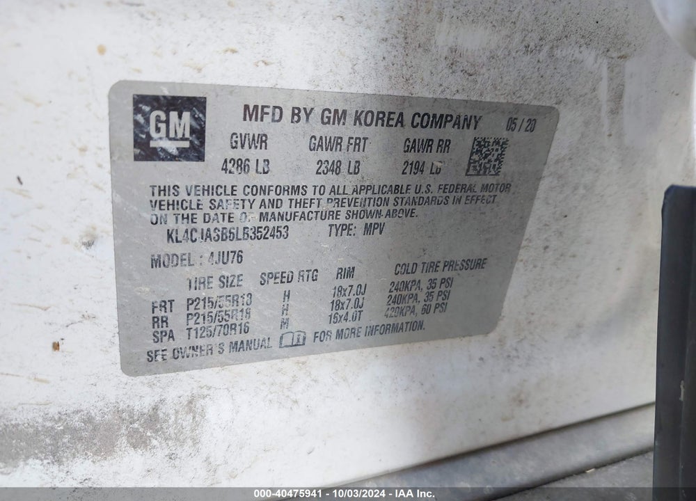 2020 BUICK ENCORE FWD PREFERRED VIN: KL4CJASB6LB352453