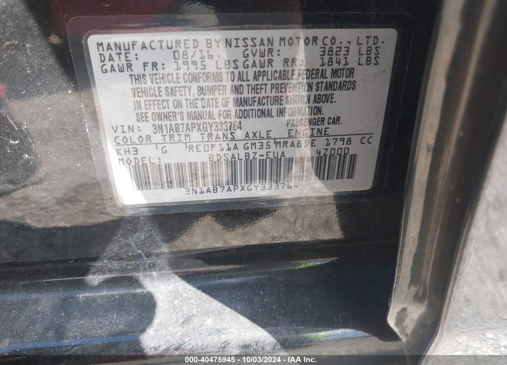 2016 NISSAN SENTRA S VIN: 3N1AB7APXGY333764
