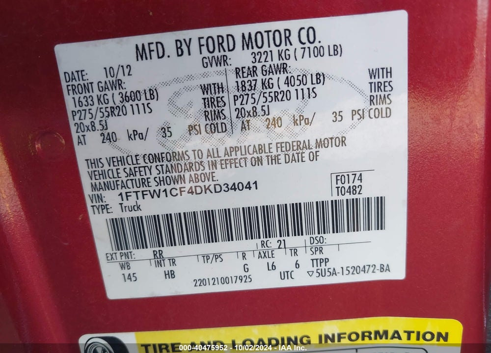2013 FORD F-150 LARIAT VIN: 1FTFW1CF4DKD34041