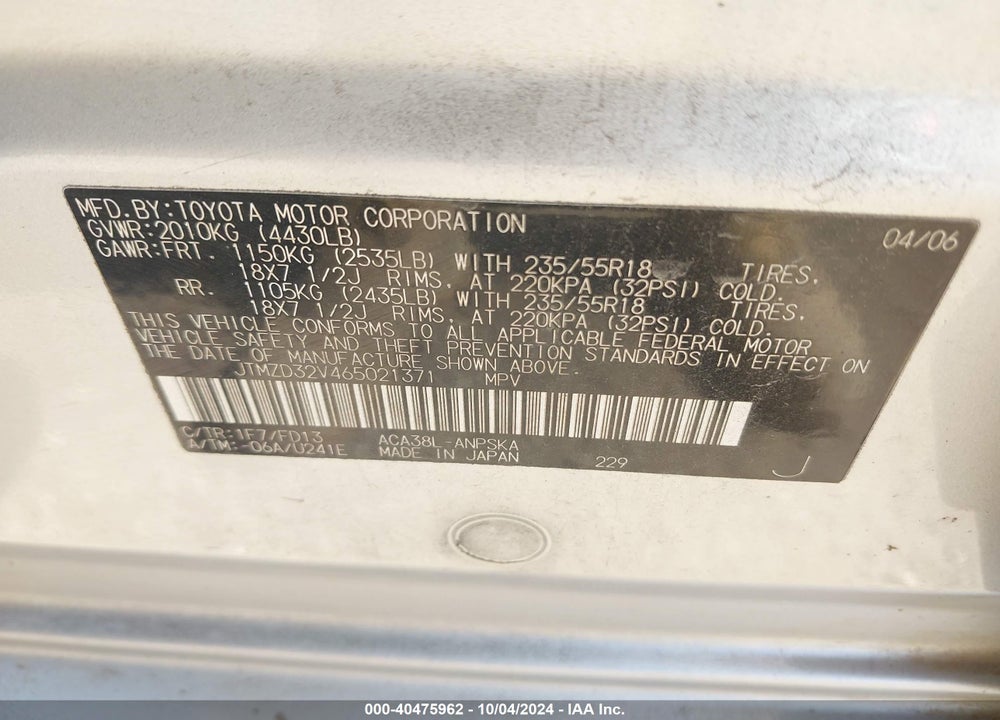 2006 TOYOTA RAV4 SPORT VIN: JTMZD32V465021371