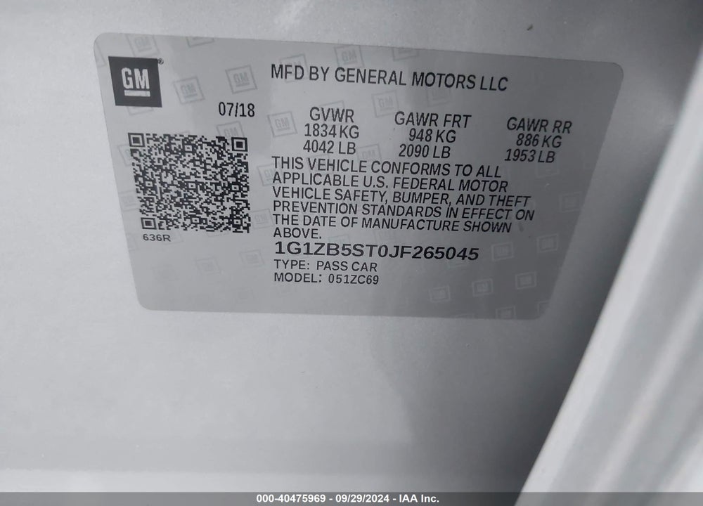 2018 CHEVROLET MALIBU 1LS VIN: 1G1ZB5ST0JF265045