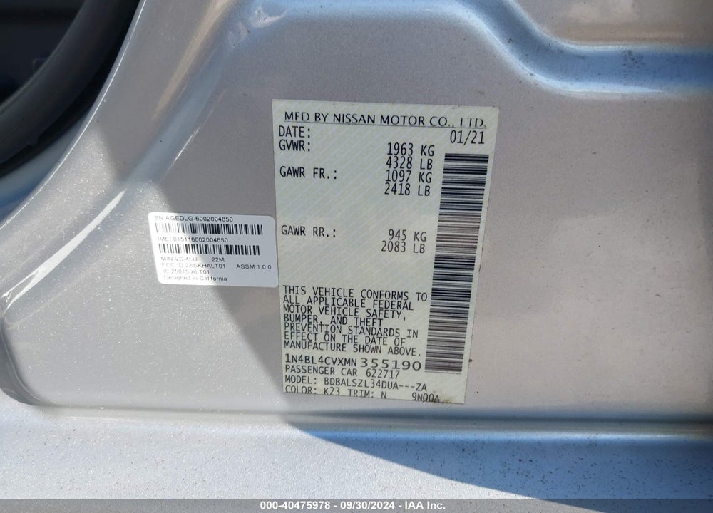 2021 NISSAN ALTIMA SR FWD VIN: 1N4BL4CVXMN355190