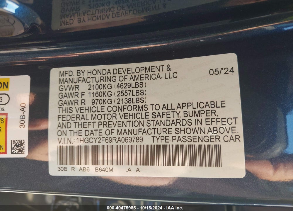 2024 HONDA ACCORD HYBRID EX-L VIN: 1HGCY2F69RA069789