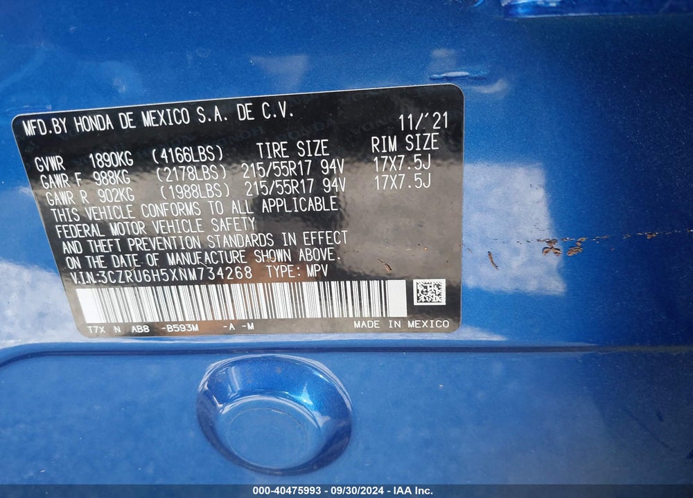2022 HONDA HR-V AWD EX VIN: 3CZRU6H5XNM734268