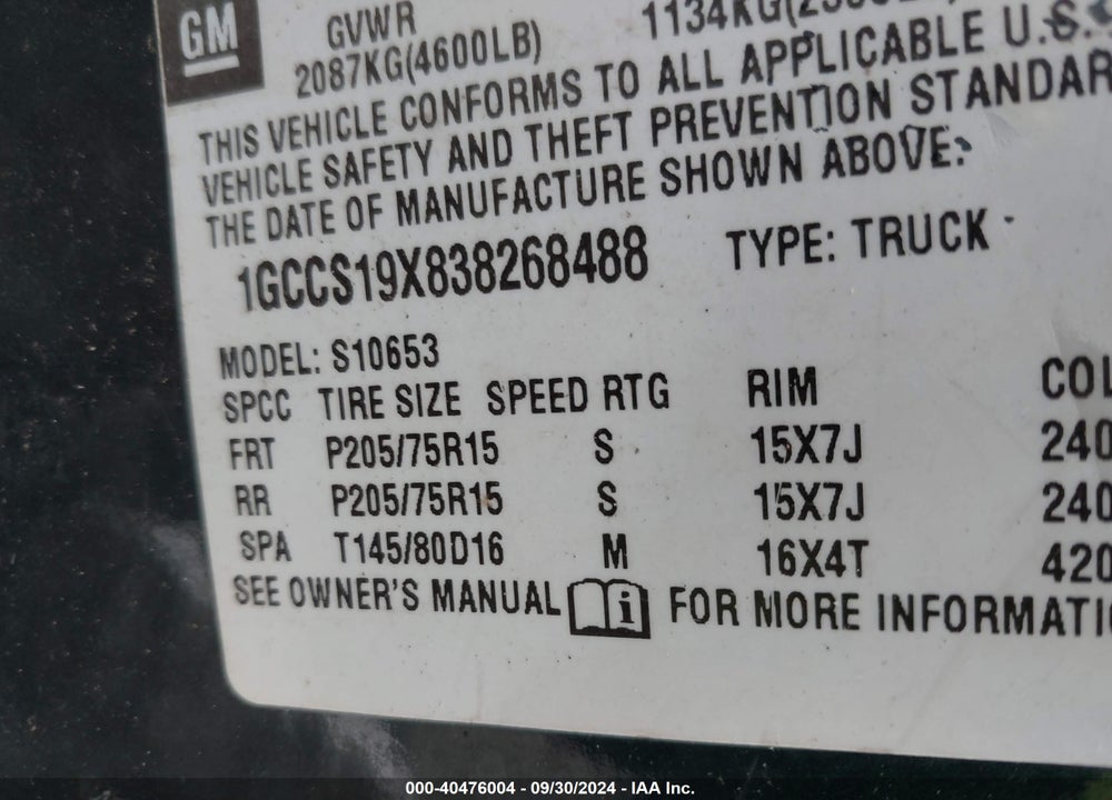 2003 CHEVROLET S-10 LS VIN: 1GCCS19X838268488