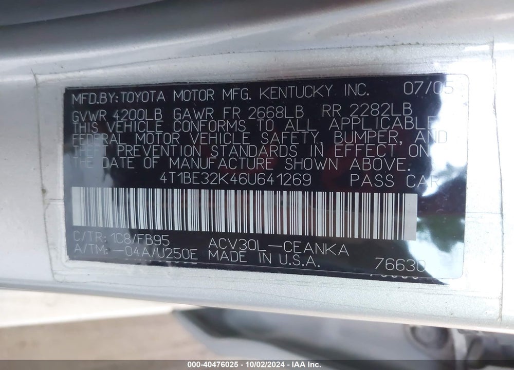 2006 TOYOTA CAMRY LE VIN: 4T1BE32K46U641269