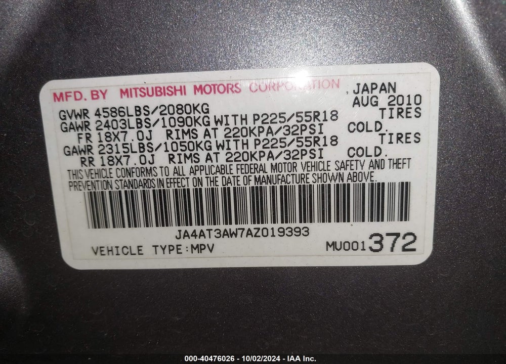 2010 MITSUBISHI OUTLANDER SE VIN: JA4AT3AW7AZ019393