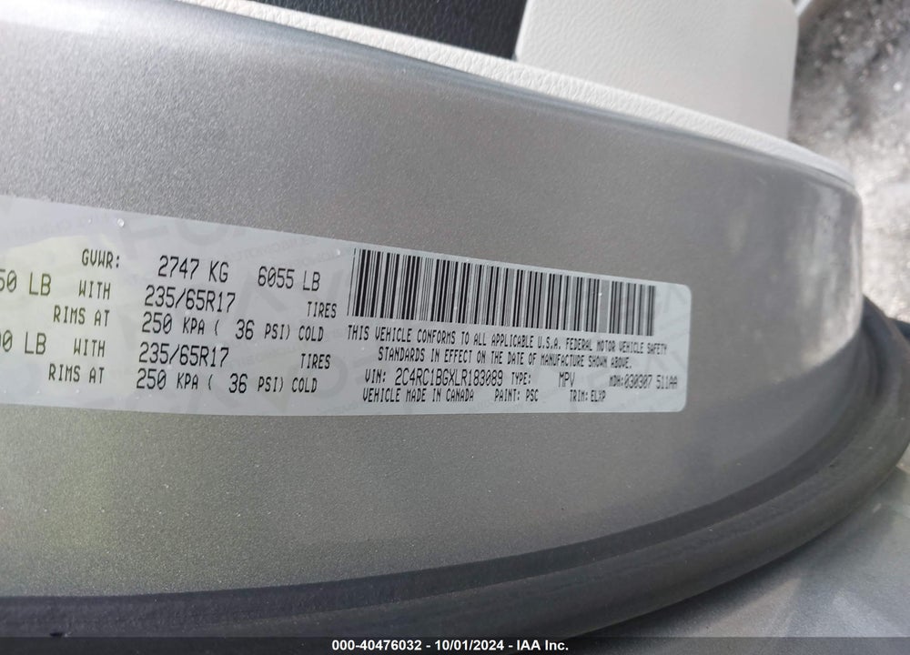 2020 CHRYSLER PACIFICA TOURING L VIN: 2C4RC1BGXLR183089