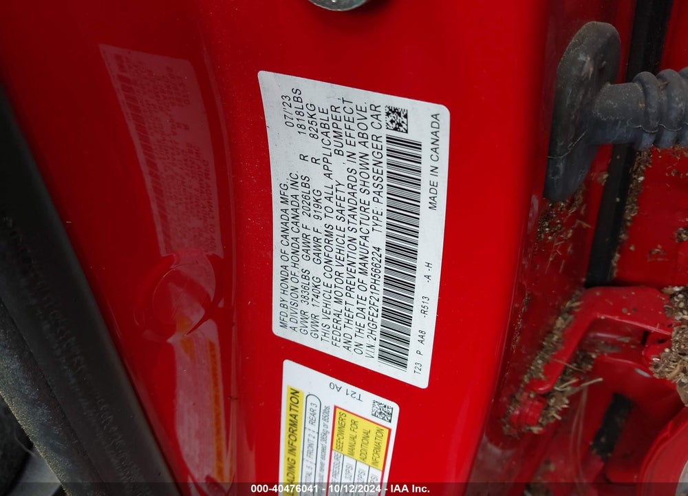 2023 HONDA CIVIC VIN: 2HGFE2F21PH566224