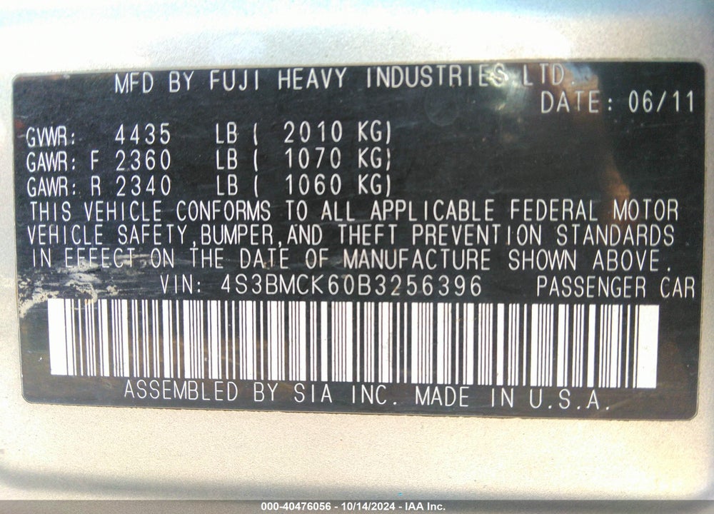 2011 SUBARU LEGACY 2.5I LIMITED VIN: 4S3BMCK60B3256396