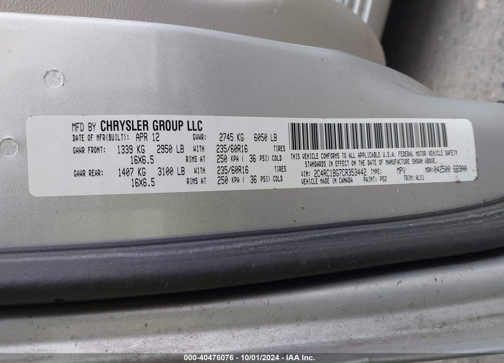 2012 CHRYSLER TOWN & COUNTRY TOURING VIN: 2C4RC1BG7CR353442