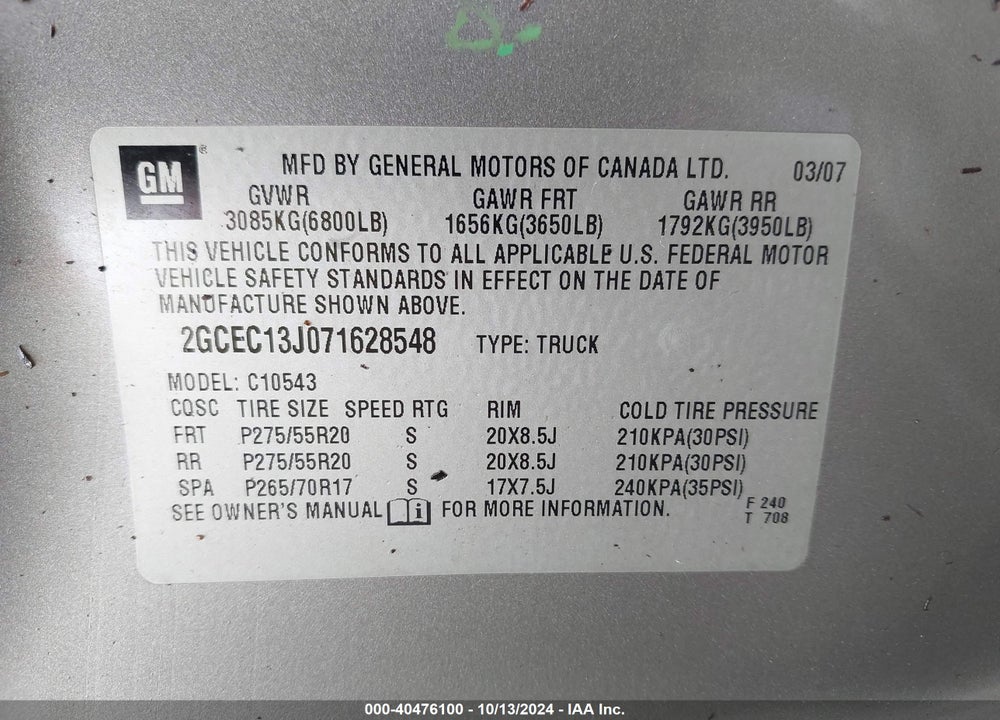 2007 CHEVROLET SILVERADO 1500 LT2 VIN: 2GCEC13J071628548