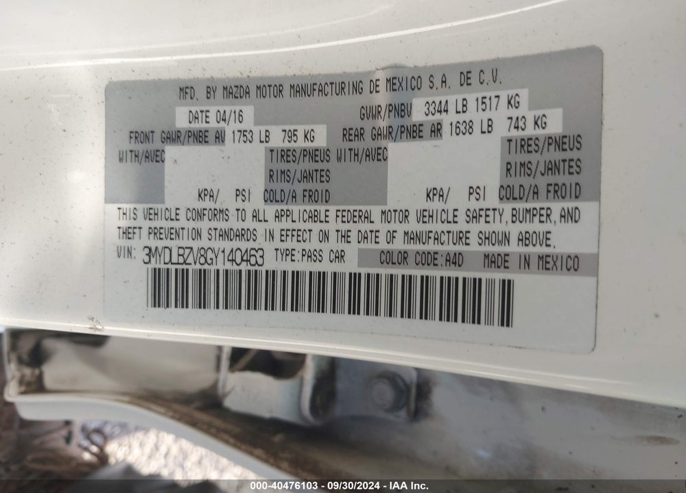 2016 SCION IA VIN: 3MYDLBZV8GY140463