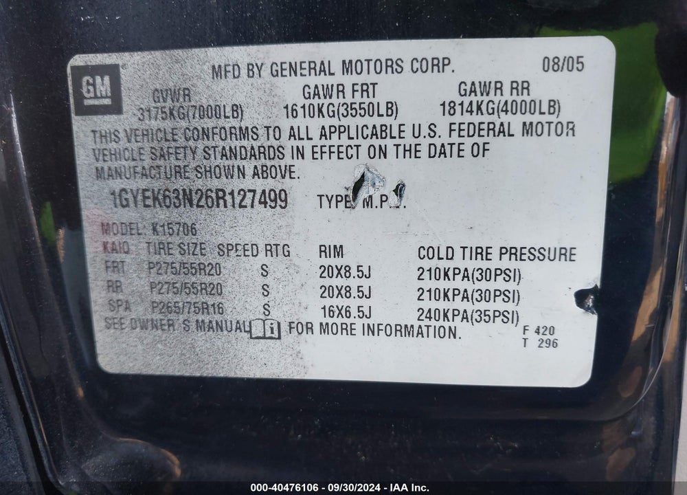 2006 CADILLAC ESCALADE STANDARD VIN: 1GYEK63N26R127499