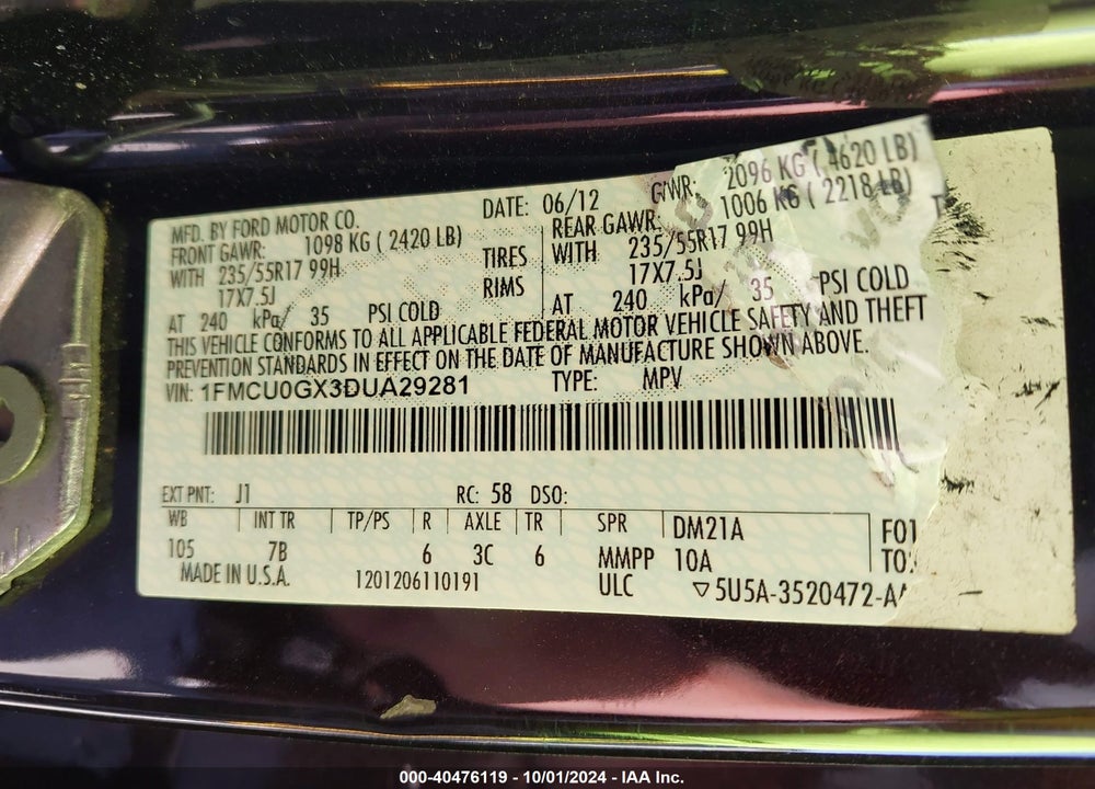 2013 FORD ESCAPE SE VIN: 1FMCU0GX3DUA29281