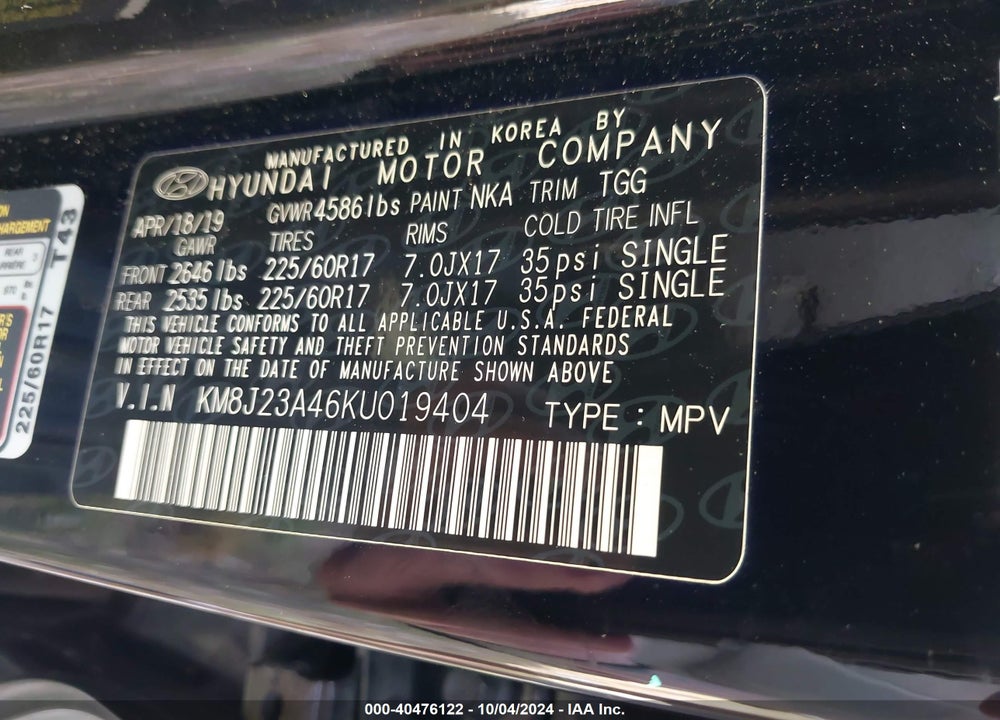 2019 HYUNDAI TUCSON SE VIN: KM8J23A46KU019404