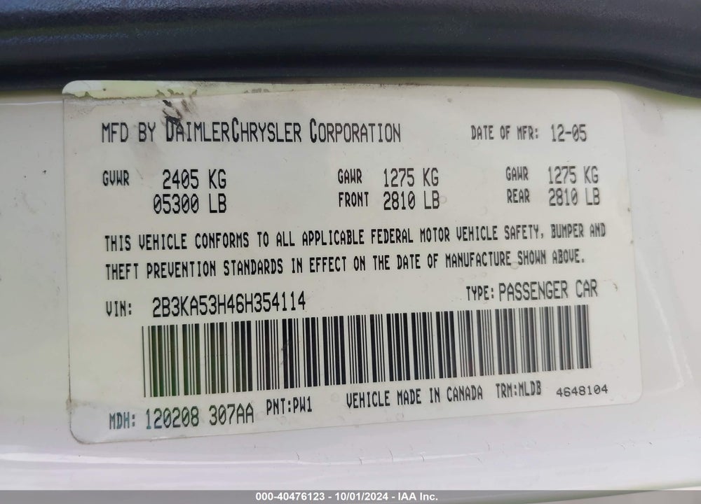 2006 DODGE CHARGER RT VIN: 2B3KA53H46H354114