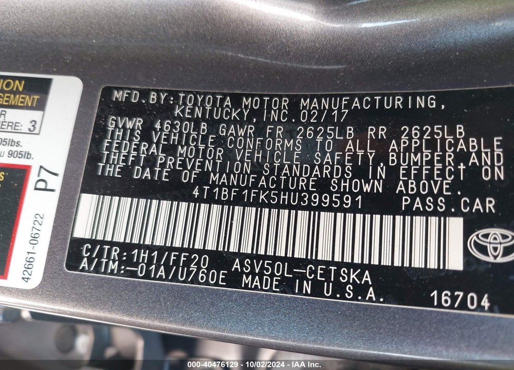 2017 TOYOTA CAMRY SE VIN: 4T1BF1FK5HU399591