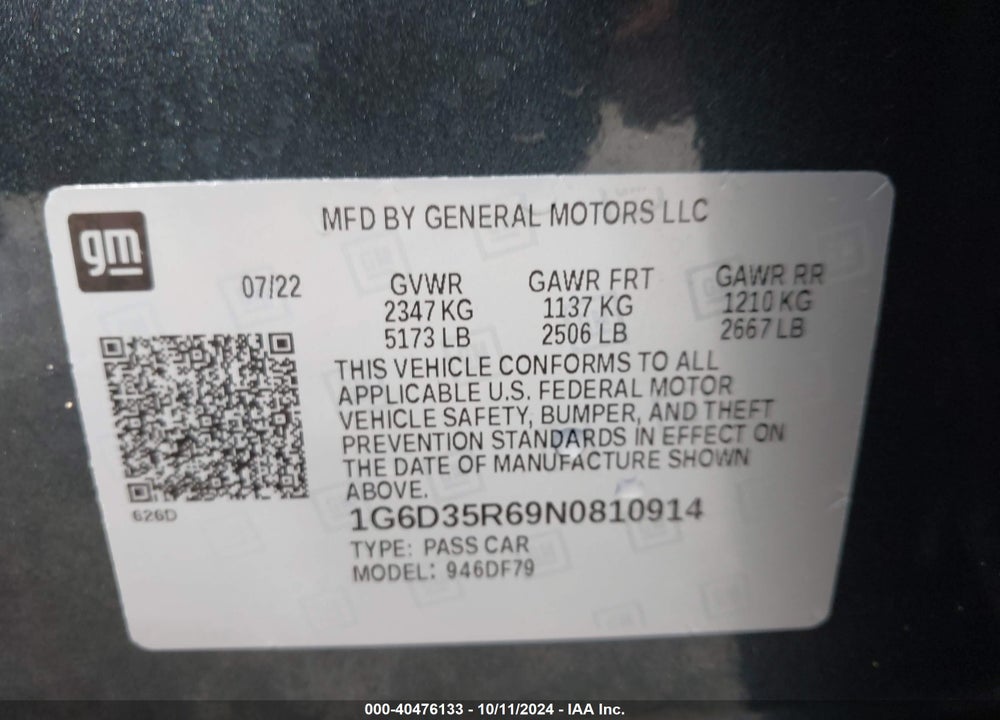 2022 CADILLAC CT5-V V-SERIES BLACKWING VIN: 1G6D35R69N0810914