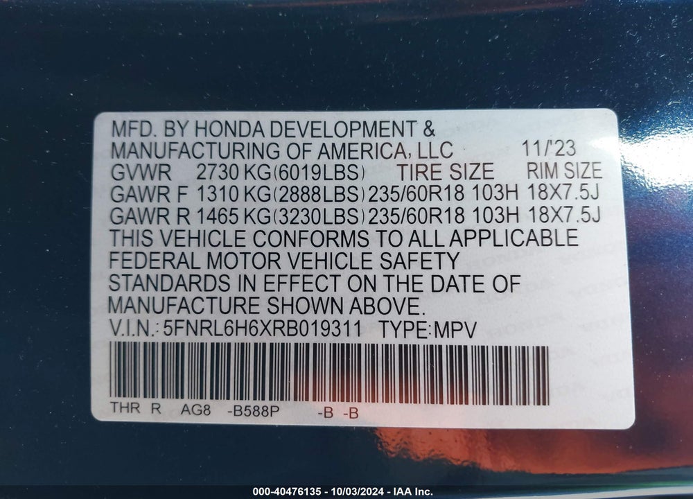 2024 HONDA ODYSSEY EX-L VIN: 5FNRL6H6XRB019311