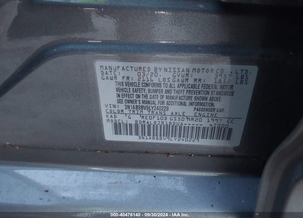 2020 NISSAN SENTRA S XTRONIC CVT VIN: 3N1AB8BV9LY240229