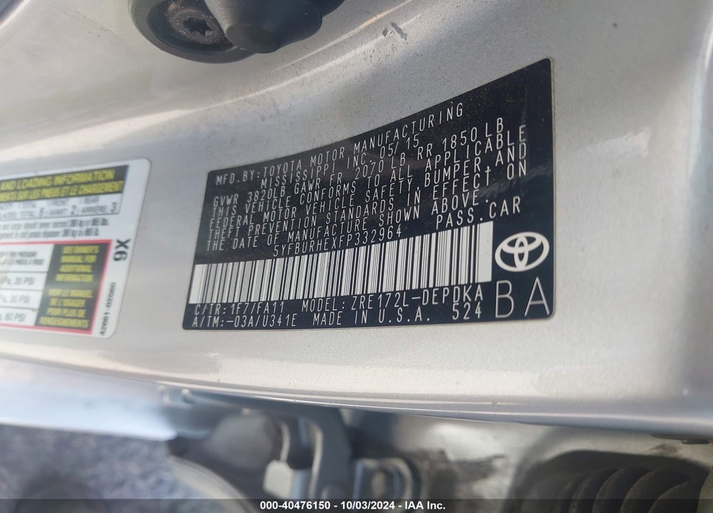 2015 TOYOTA COROLLA L VIN: 5YFBURHEXFP332964