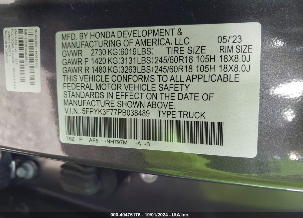 2023 HONDA RIDGELINE RTL-E VIN: 5FPYK3F77PB038489