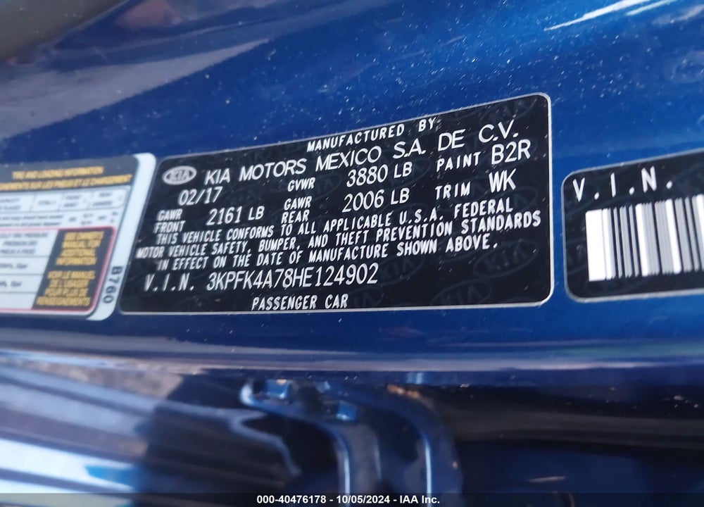 2017 KIA FORTE LX VIN: 3KPFK4A78HE124902