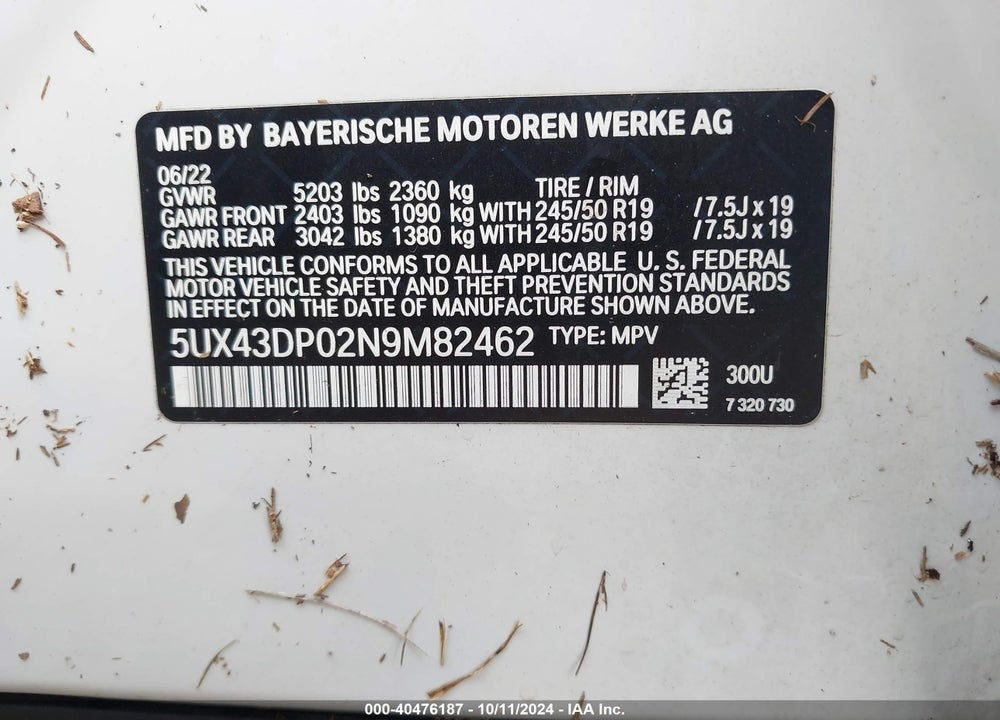 2022 BMW X3 SDRIVE30I VIN: 5UX43DP02N9M82462