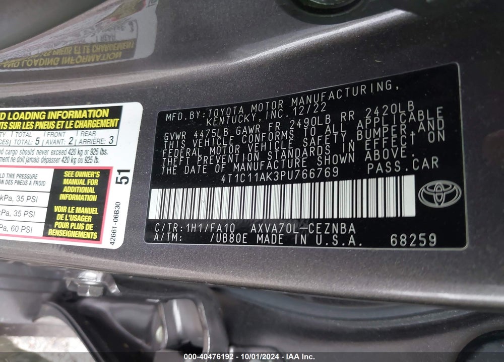 2023 TOYOTA CAMRY LE VIN: 4T1C11AK3PU766769