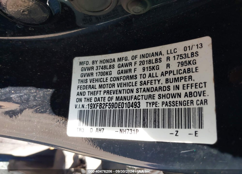 2013 HONDA CIVIC LX VIN: 19XFB2F59DE010493