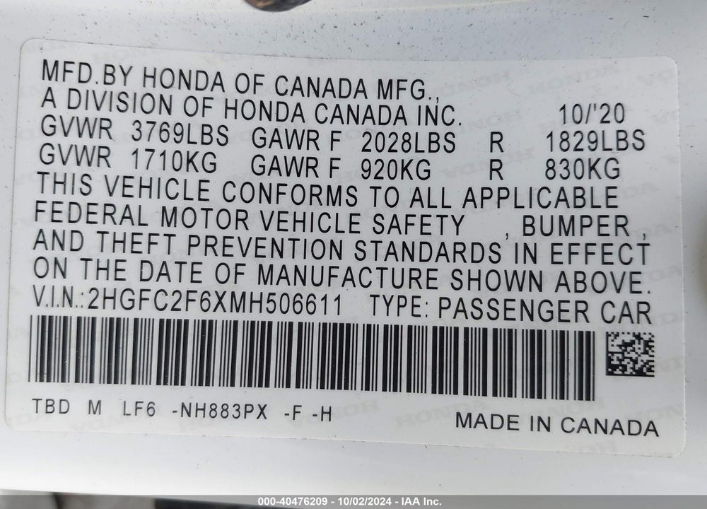 2021 HONDA CIVIC LX VIN: 2HGFC2F6XMH506611