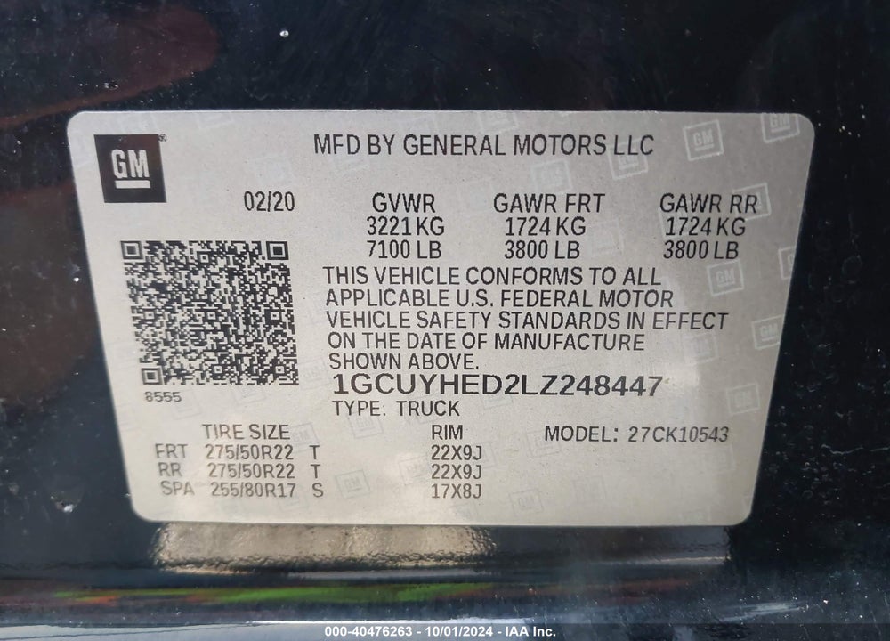 2020 CHEVROLET SILVERADO 1500 4WD SHORT BED HIGH COUNTRY VIN: 1GCUYHED2LZ248447