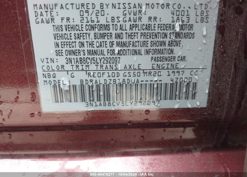 2020 NISSAN SENTRA SV XTRONIC CVT VIN: 3N1AB8CV5LY292097
