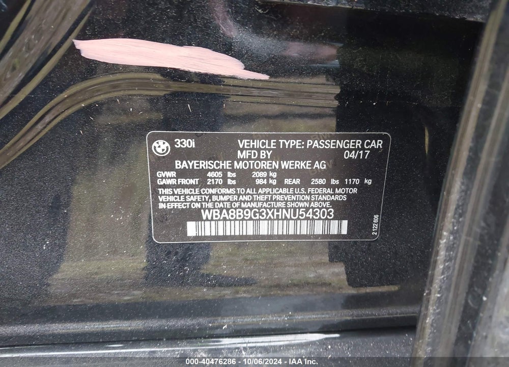 2017 BMW 330I VIN: WBA8B9G3XHNU54303
