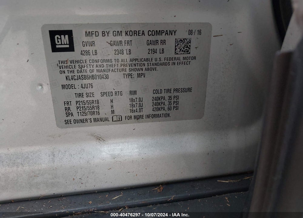 2017 BUICK ENCORE PREFERRED VIN: KL4CJASB6HB010430