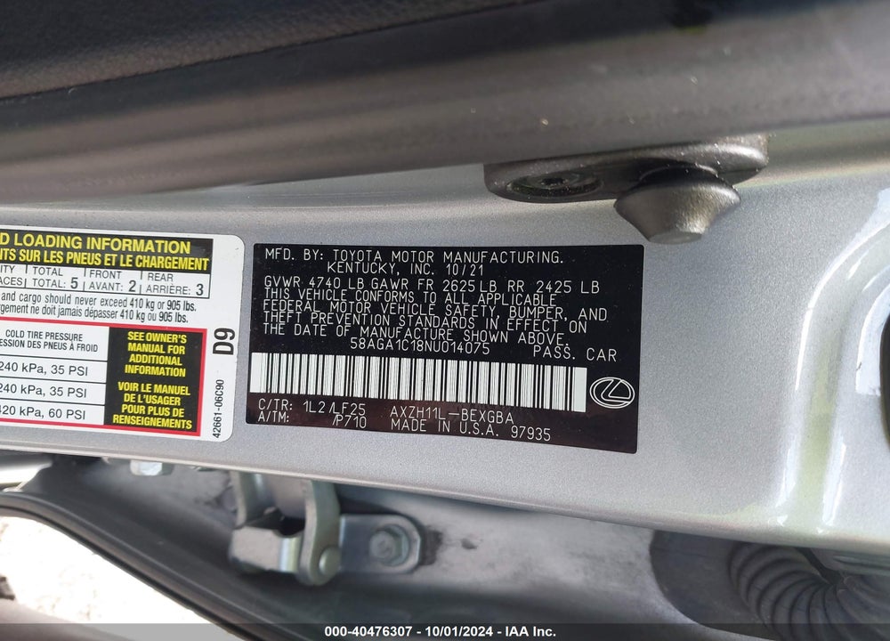 2022 LEXUS ES 300H F-SPORT VIN: 58AGA1C18NU014075