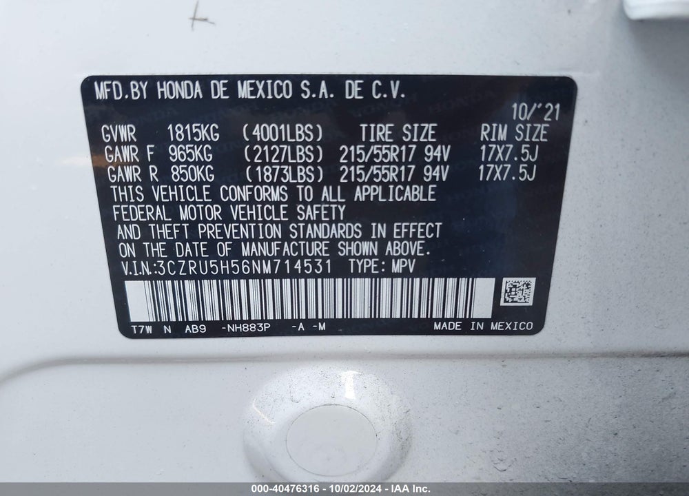 2022 HONDA HR-V 2WD EX VIN: 3CZRU5H56NM714531