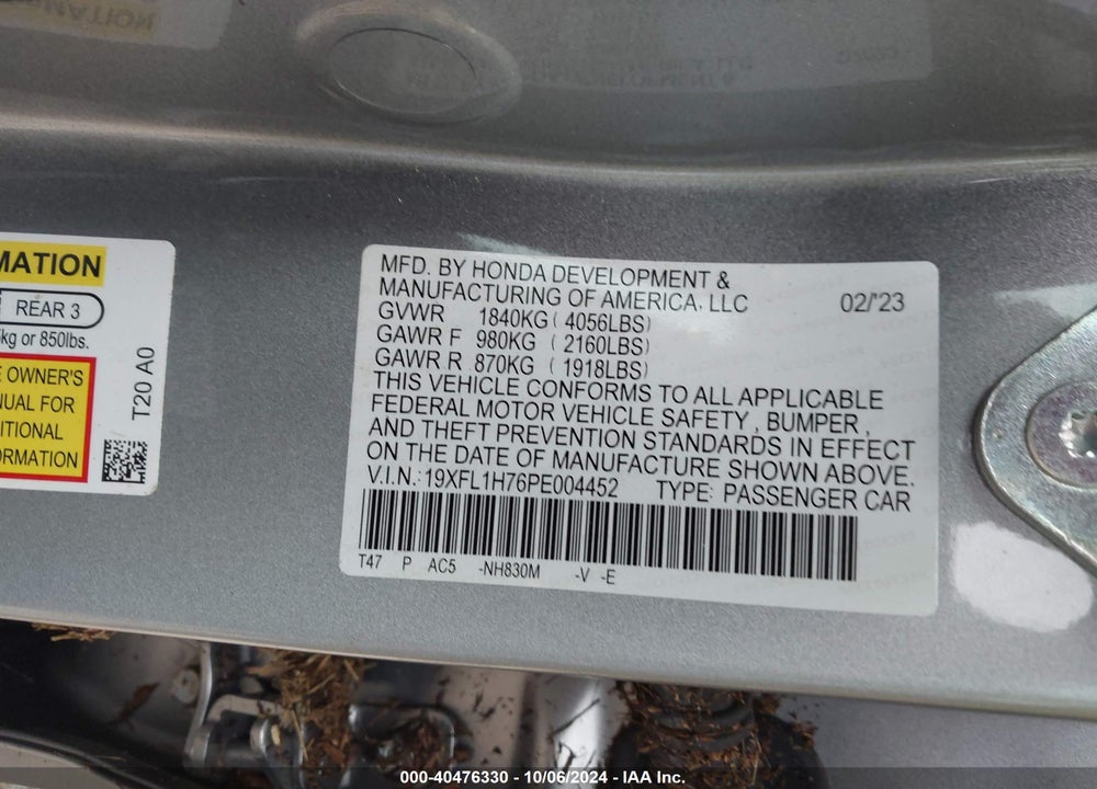 2023 HONDA CIVIC EX-L /EX-L W/O BSI VIN: 19XFL1H76PE004452